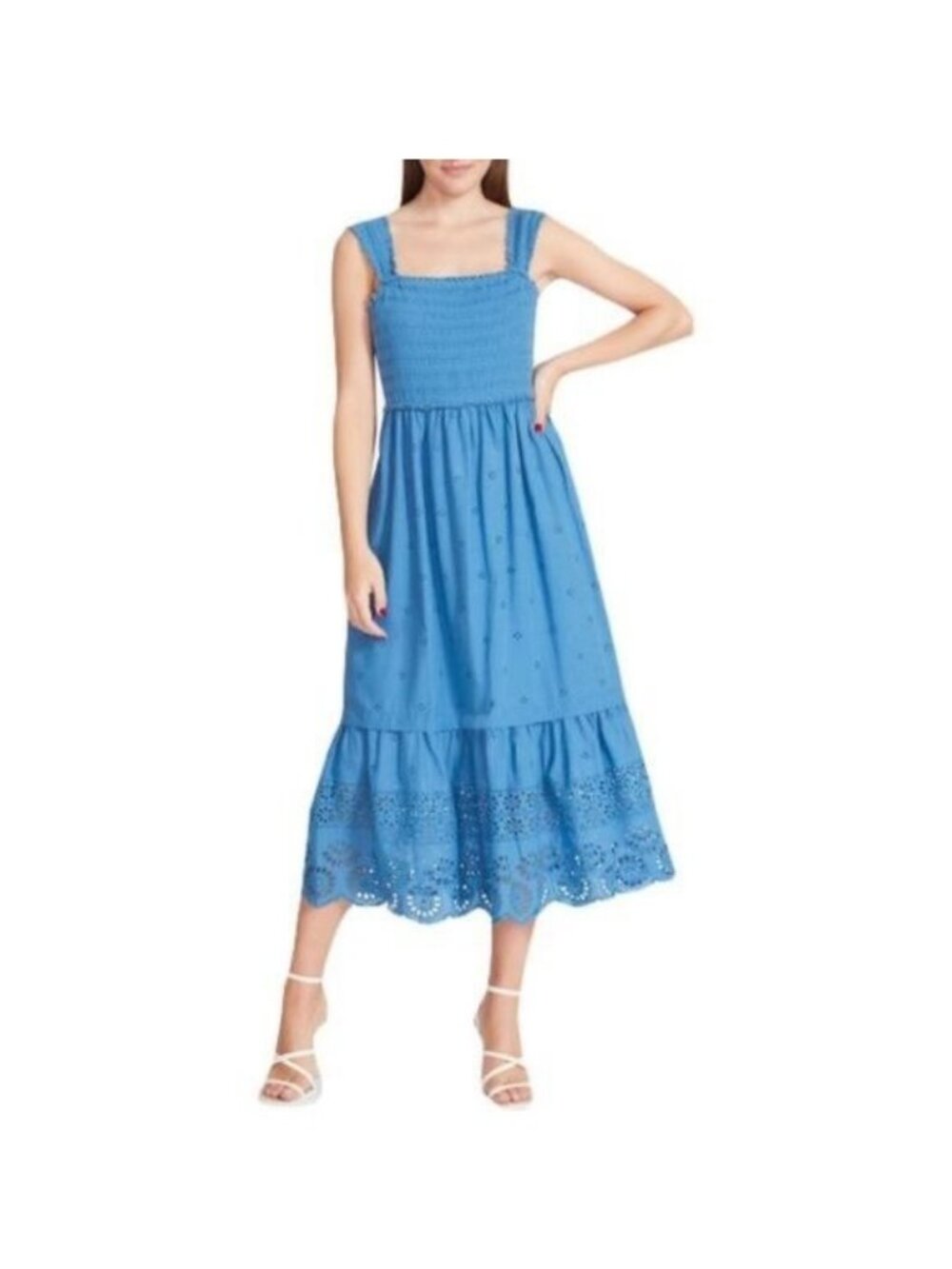 Betsey Johnson Smocked Midi Dress Womens L Eyelet Embroidered Cottage Beach